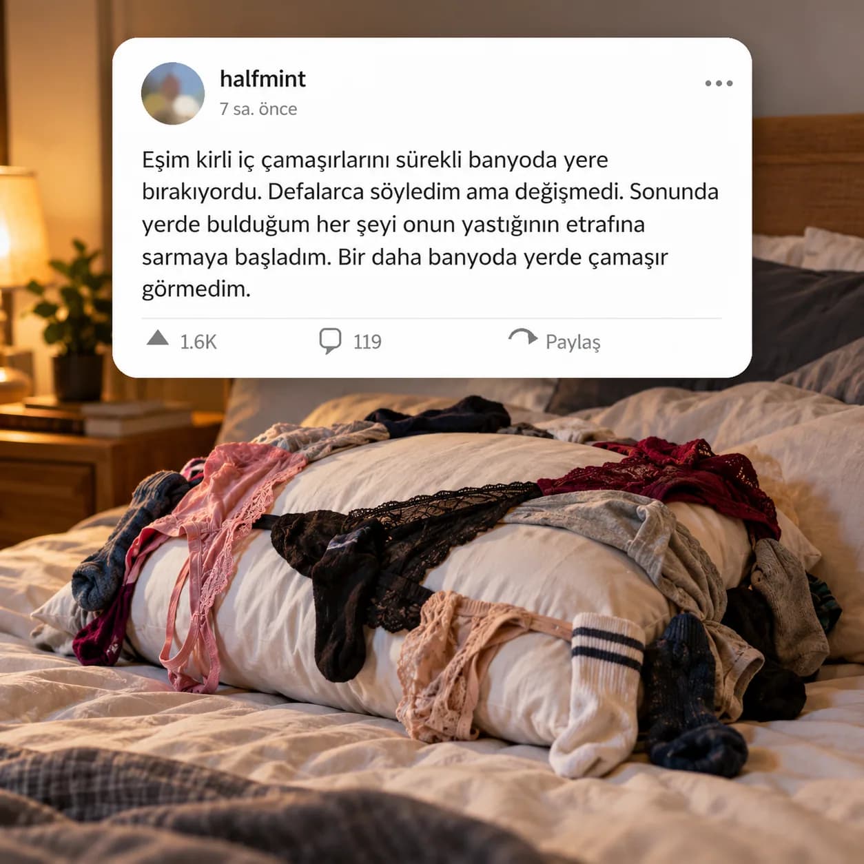 Kirli çamaşırlarını sürekli yerde bırakan eşinin iç çamaşırlarını yastığına sardı