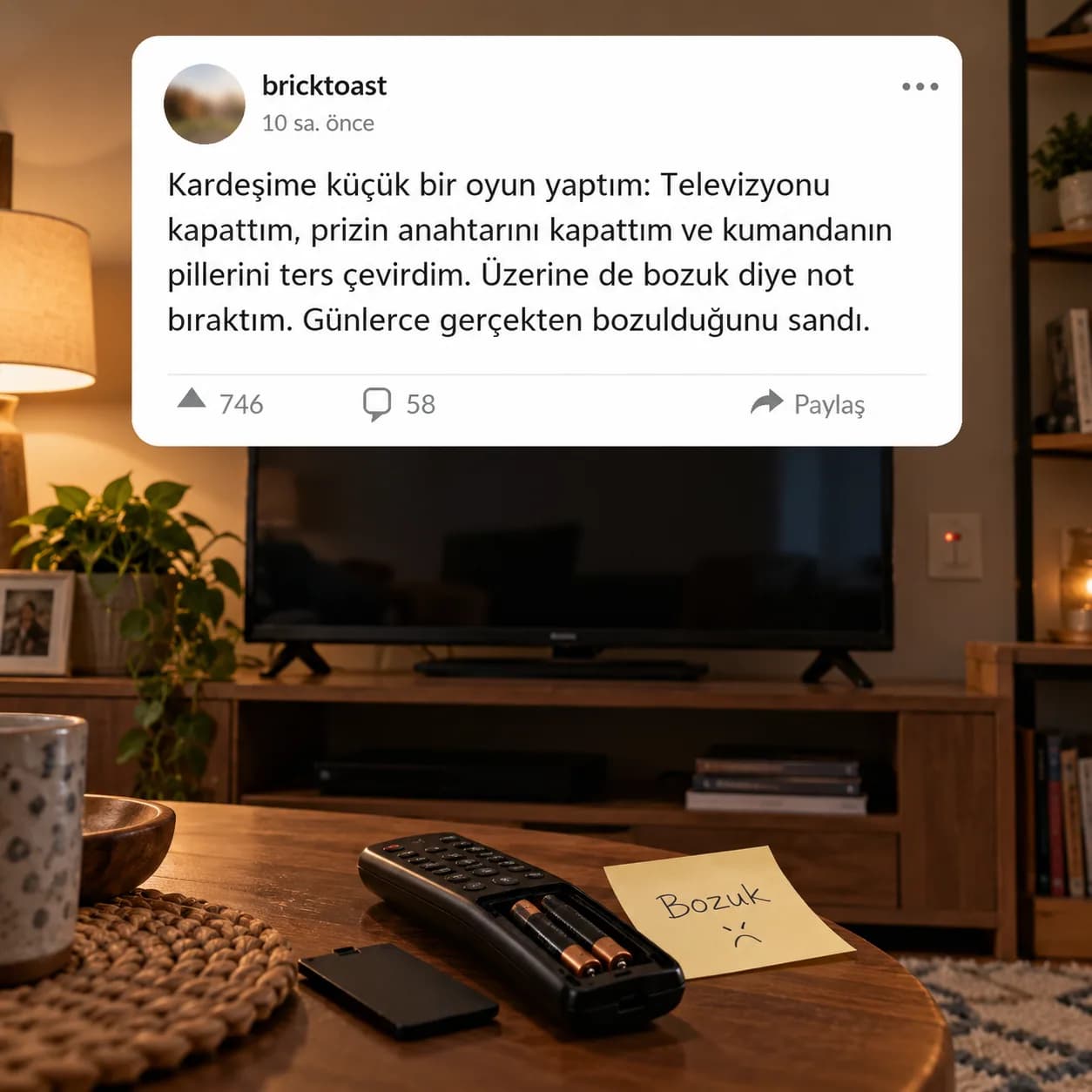 Televizyonu bozuk sanması için tek yaptığı şey kumandanın pillerini ters çevirmekti