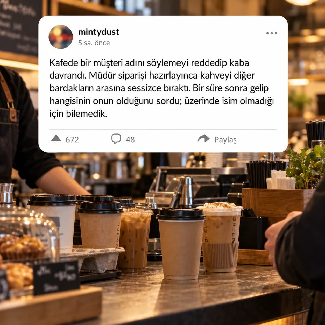 Adını söylemek istemeyen kaba müşterinin kahvesini sessizce tezgâha bıraktı