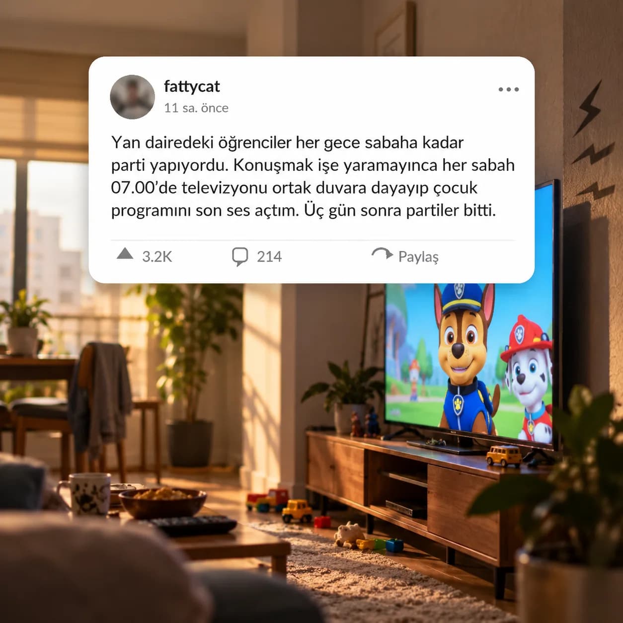 Sabaha kadar parti yapan komşularını her sabah çocuk programıyla uyandırdı