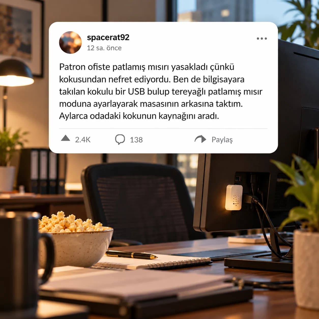 Patlamış mısır kokusunu yasaklayan patronunun odasını aylarca patlamış mısır kokuttu