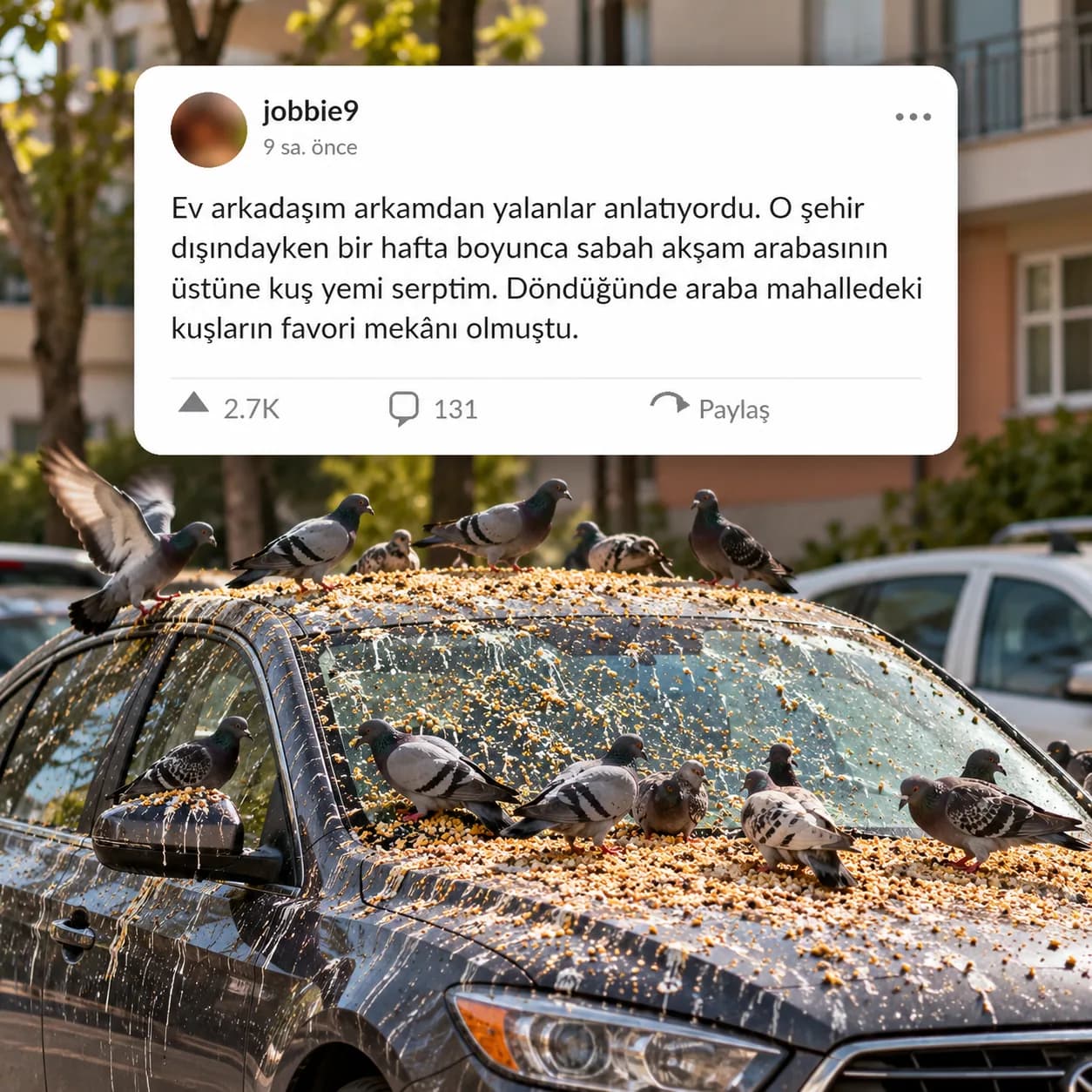 Arkasından konuşan ev arkadaşının arabasını kuşların favori mekânına çevirdi