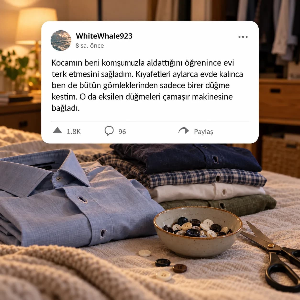 Aldatan eşinin bütün gömleklerinden sadece birer düğme kesti