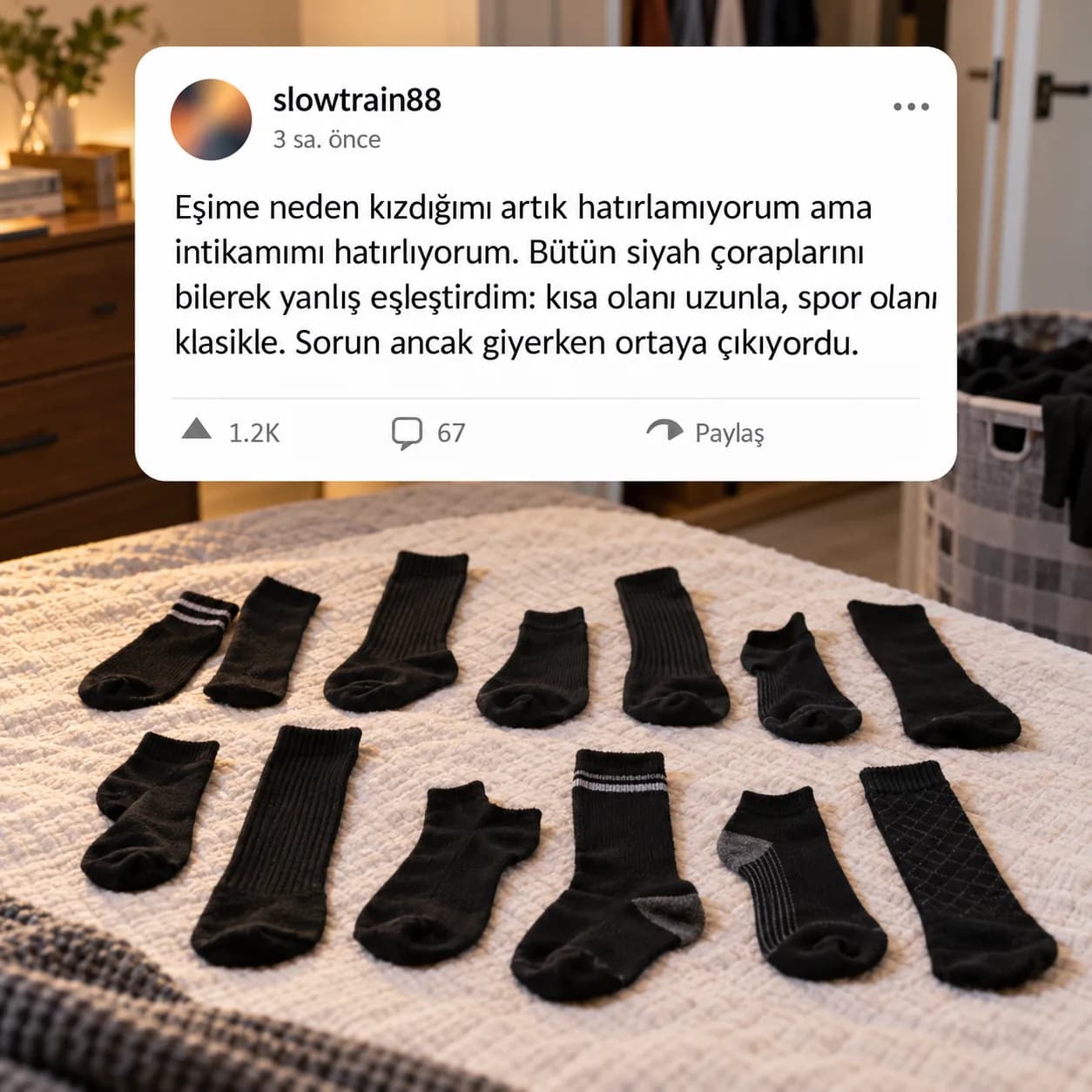 Eşinin bütün siyah çoraplarını özellikle yanlış eşleştirdi