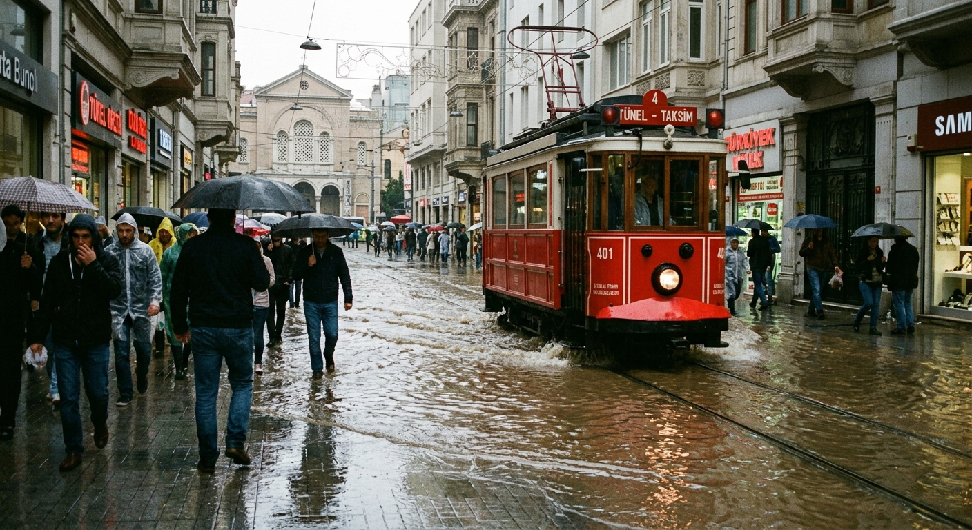 İstanbul'da Sağanak Sonrası İstiklal Caddesi Göle Döndü: Tarihi Tramvay Zorlukla İlerledi