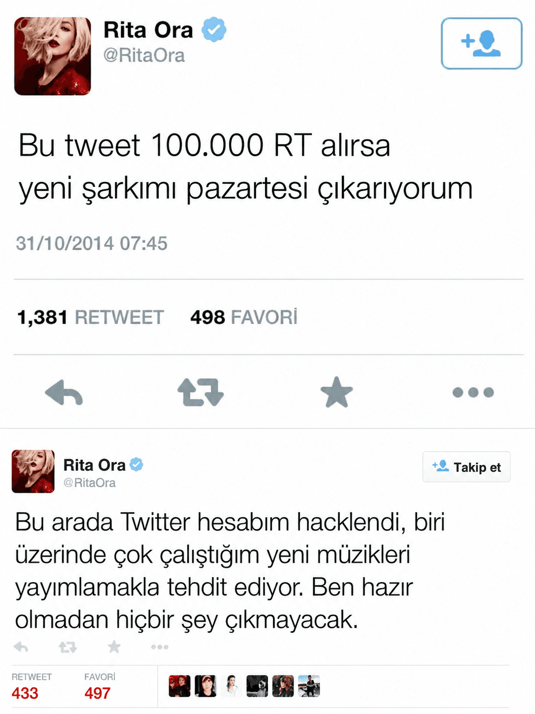 Rita Ora: ‘100 Bin Retweet Olursa Yeni Şarkı Yayınlarım’, Gönderi 2 Binde Kaldı